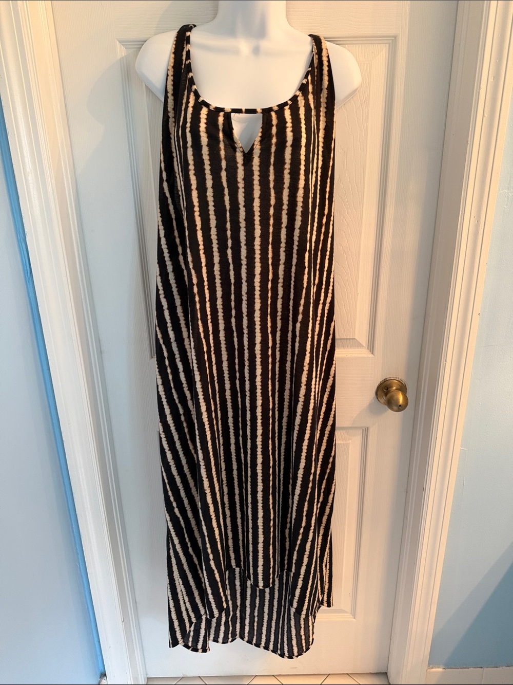 Sleeveless Black and Cream Striped Maxi Dress/swim cover